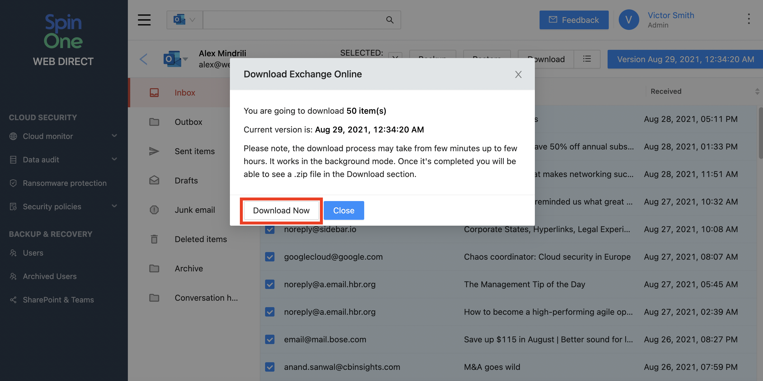SpinOne Microsoft 365 Data Download Download backed-up Microsoft 365 data locally