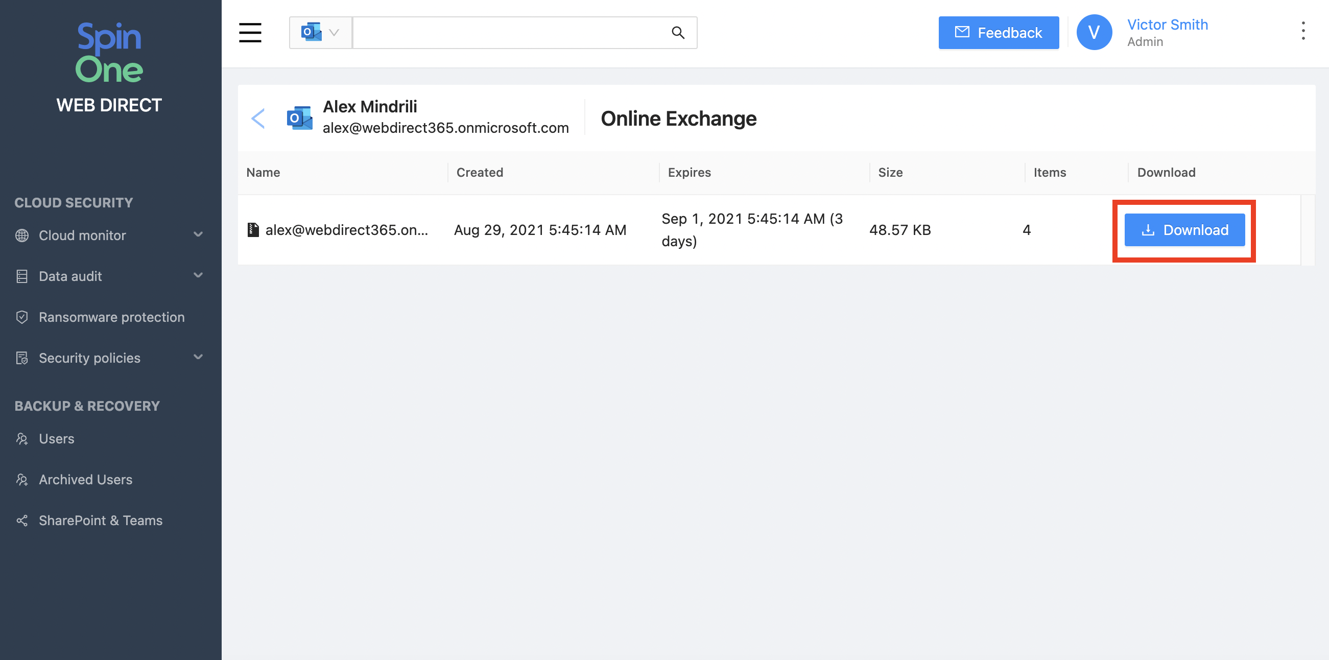 SpinOne Microsoft 365 Data Download Download backed-up Microsoft 365 data locally