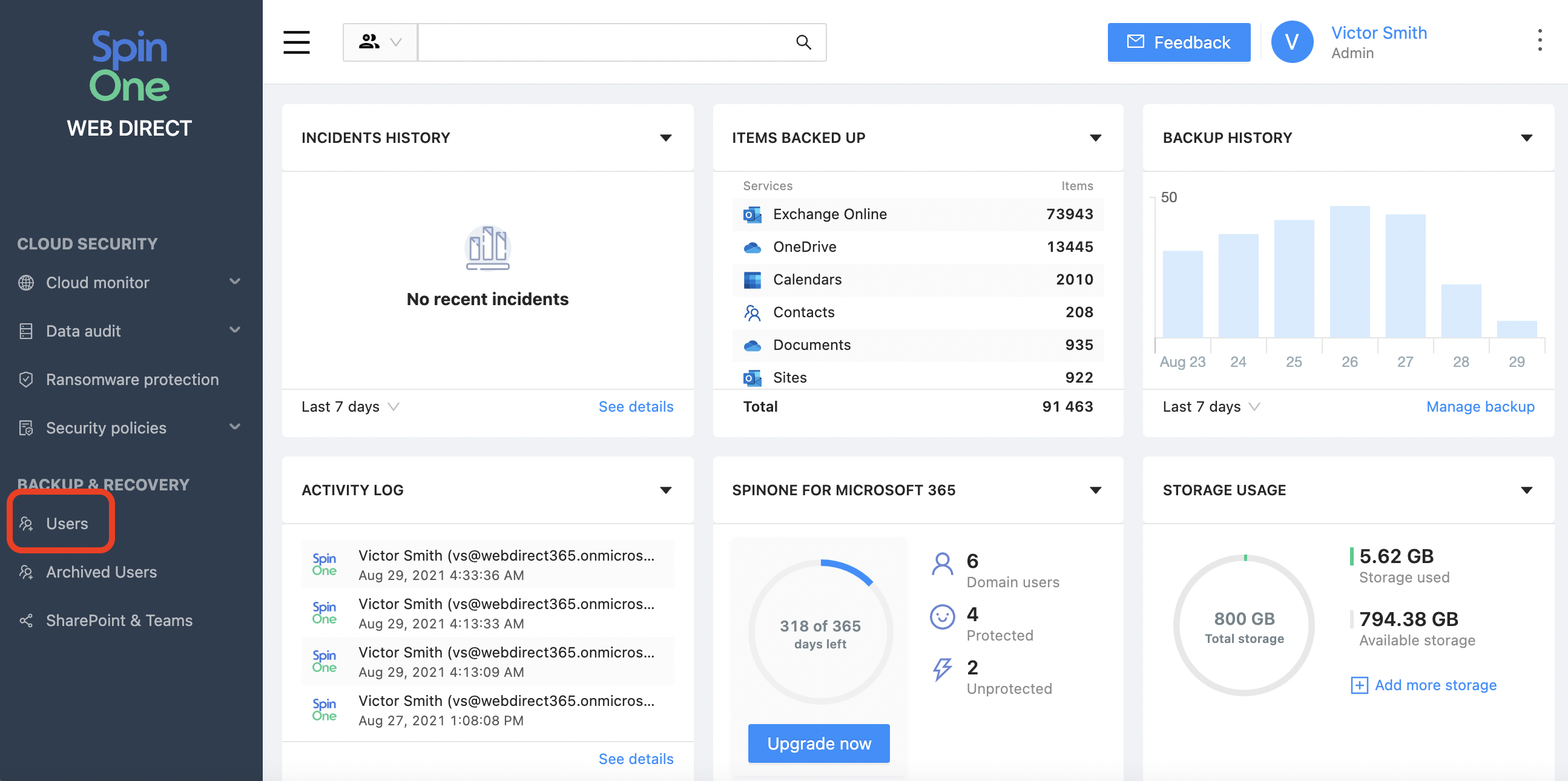 Microsoft 365 Manual Backup Interface Interface for manually backing up Microsoft 365 data