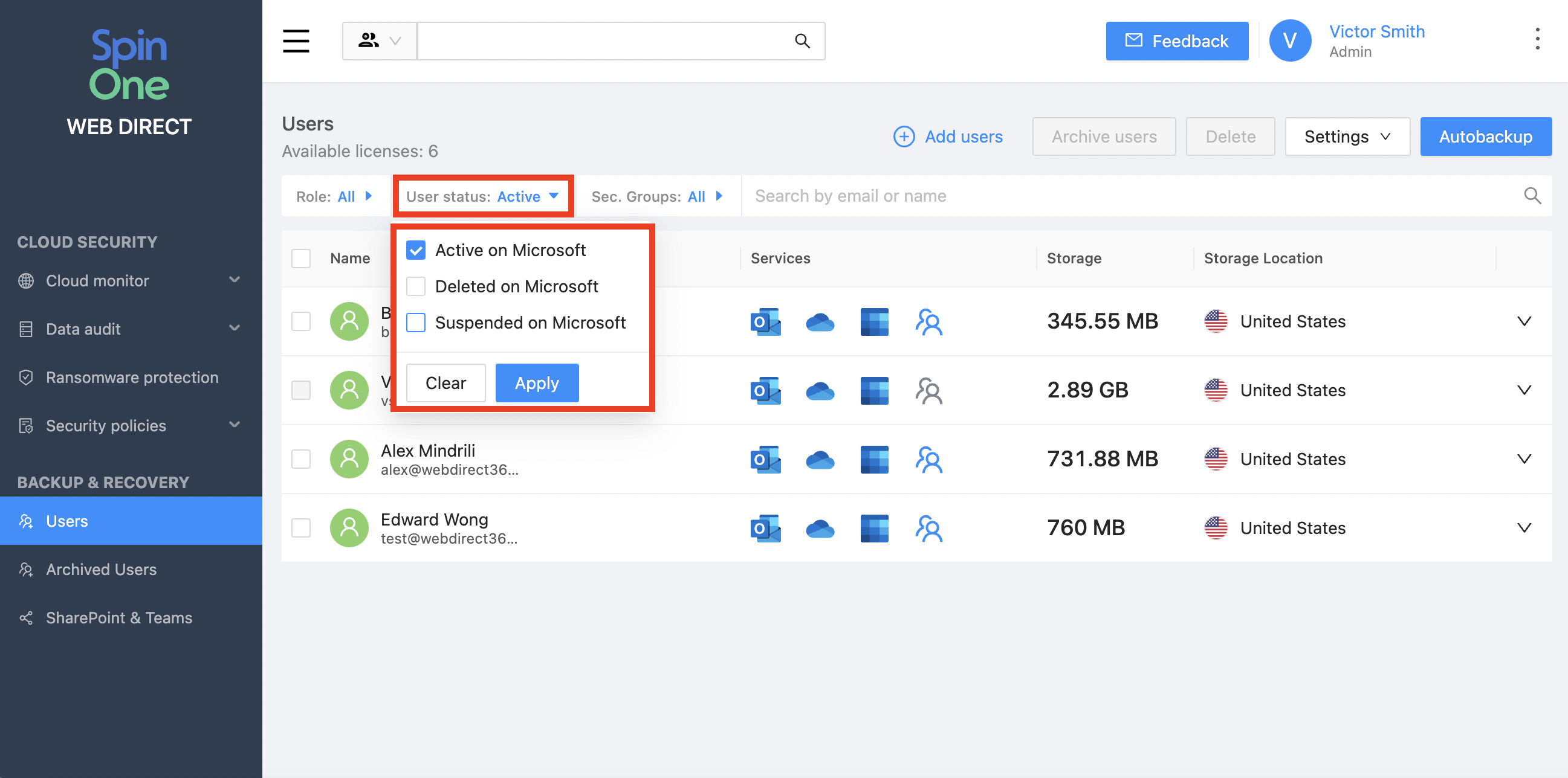 Microsoft 365 Manual Backup Interface User interface for manual Microsoft 365 data backup