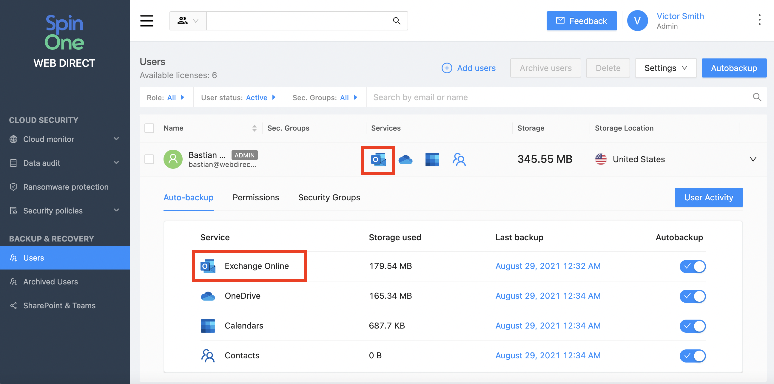 Microsoft 365 Manual Backup Interface Interface for manual data backup in Microsoft 365