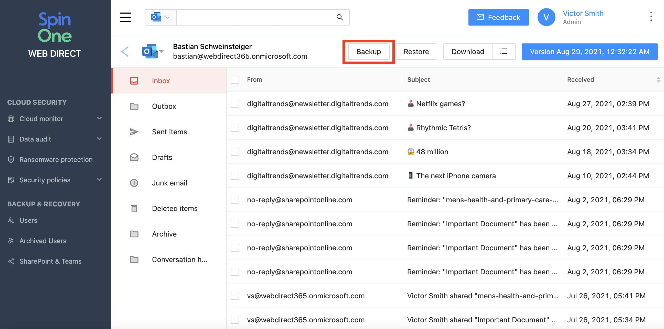 Microsoft 365 Manual Backup Interface Interface for manual Microsoft 365 data backup