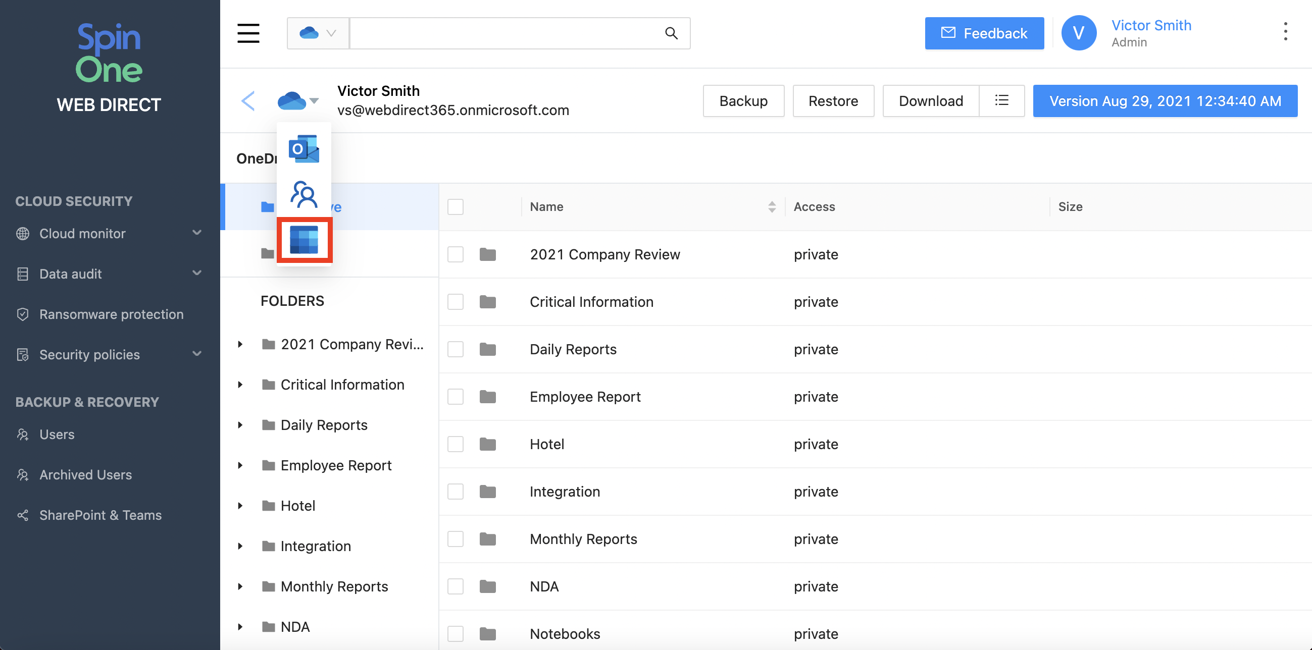 Microsoft 365 Manual Backup Interface Interface for manual Microsoft 365 data backup