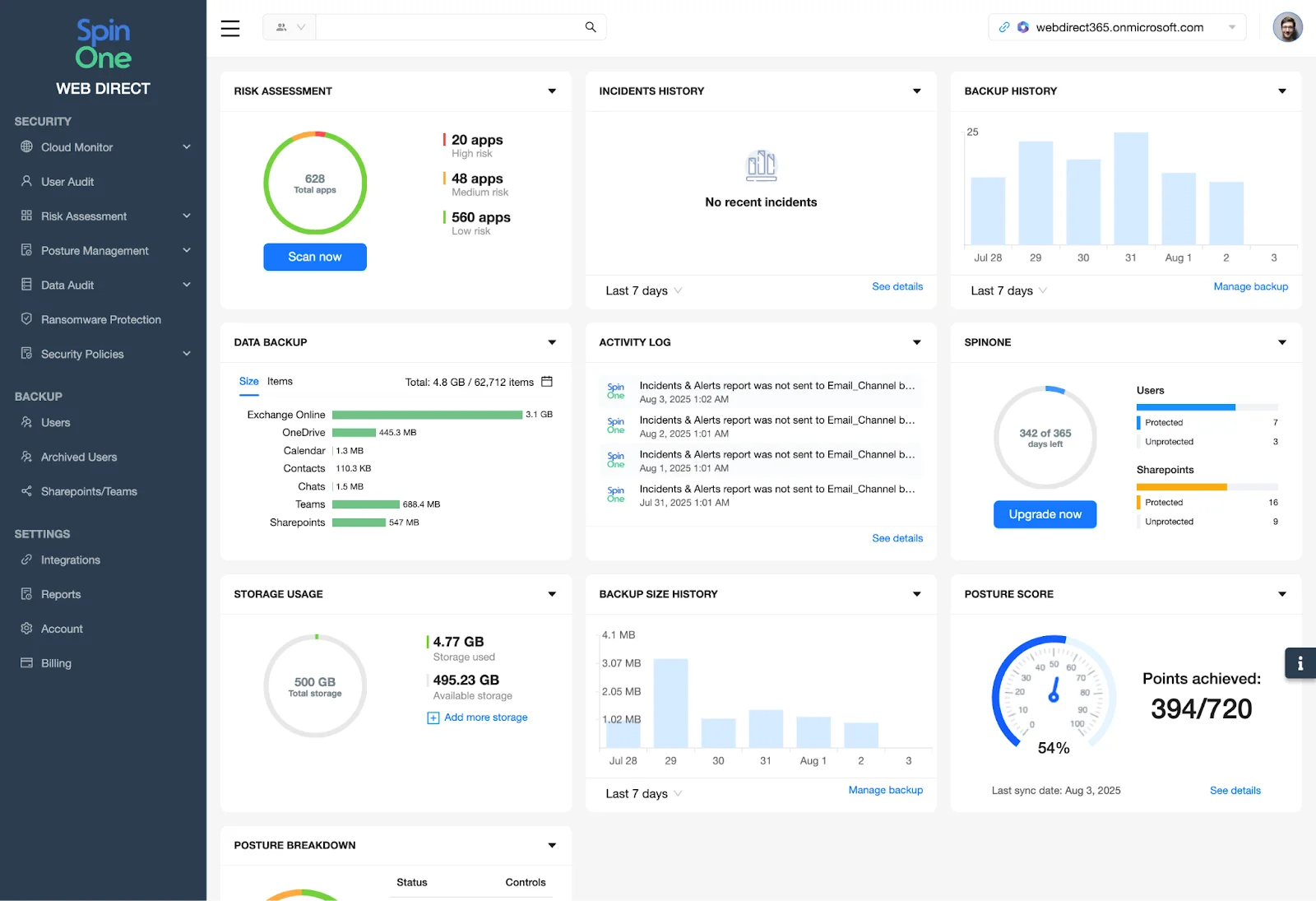 SpinOne Dashboard SpinOne dashboard after Microsoft sign-in.