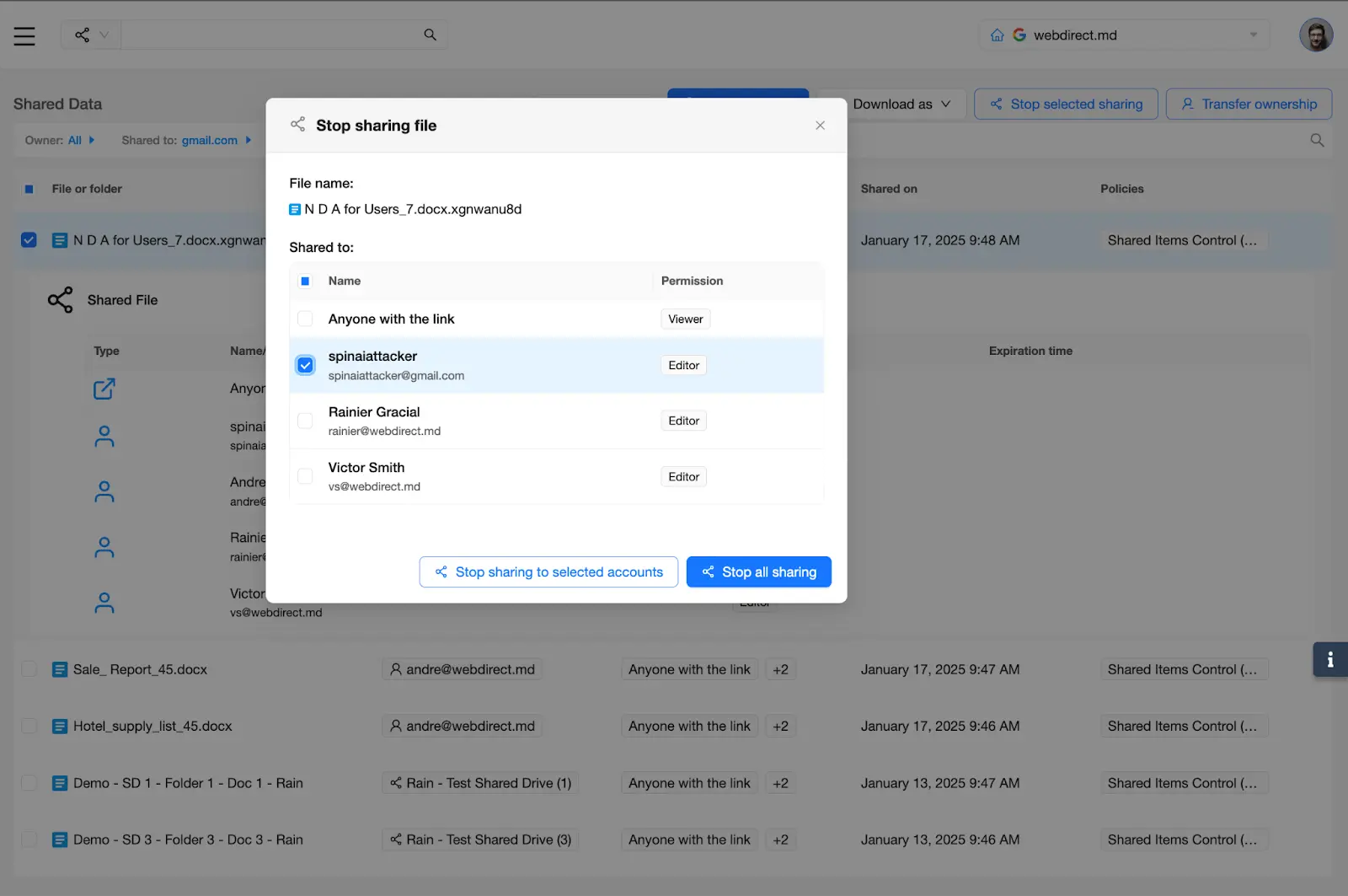SpinOne Platform - Stop sharing to selected accounts