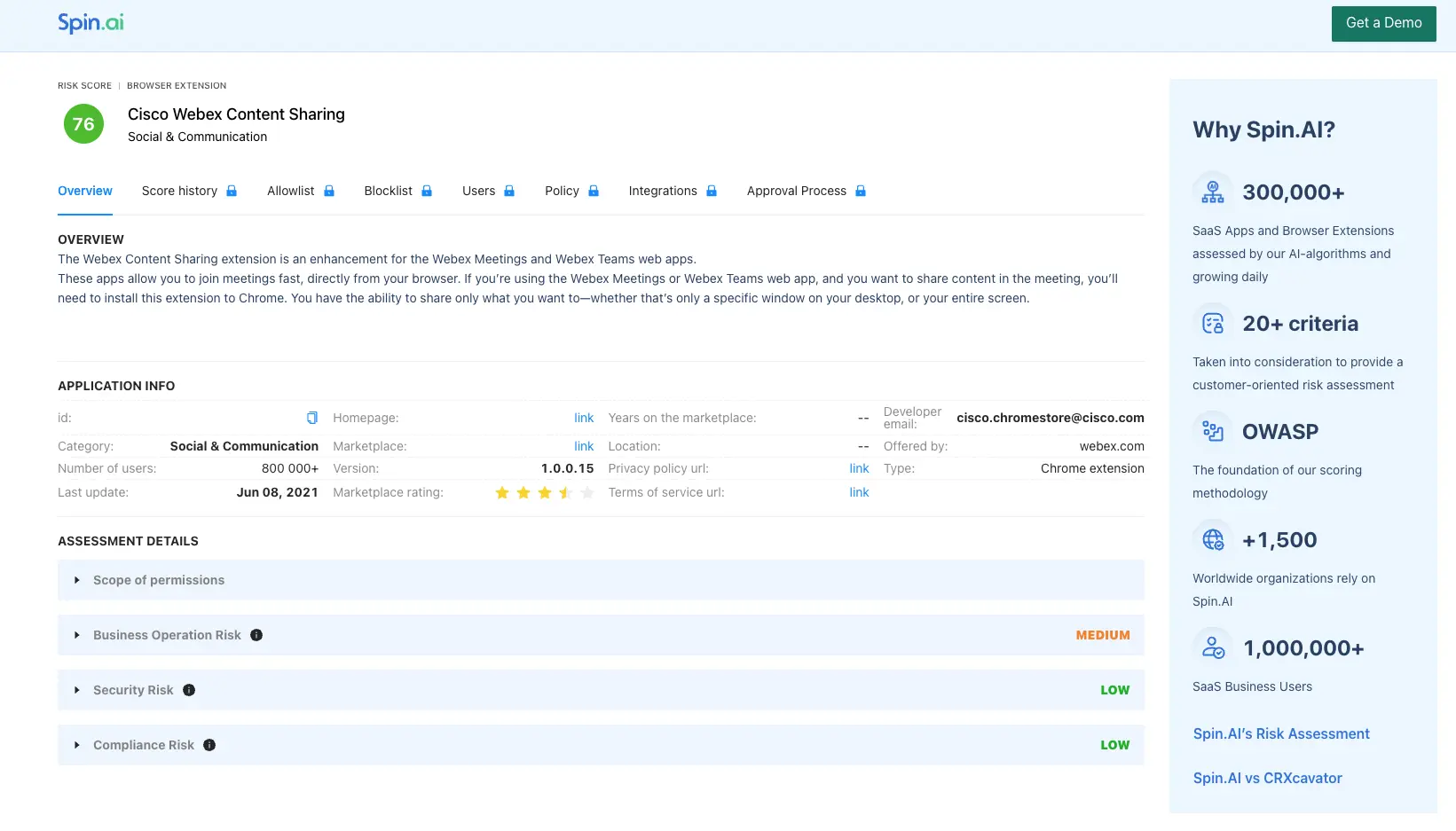 SpinAI - Assessment Example | Spin.AI Example of a browser extension risk score