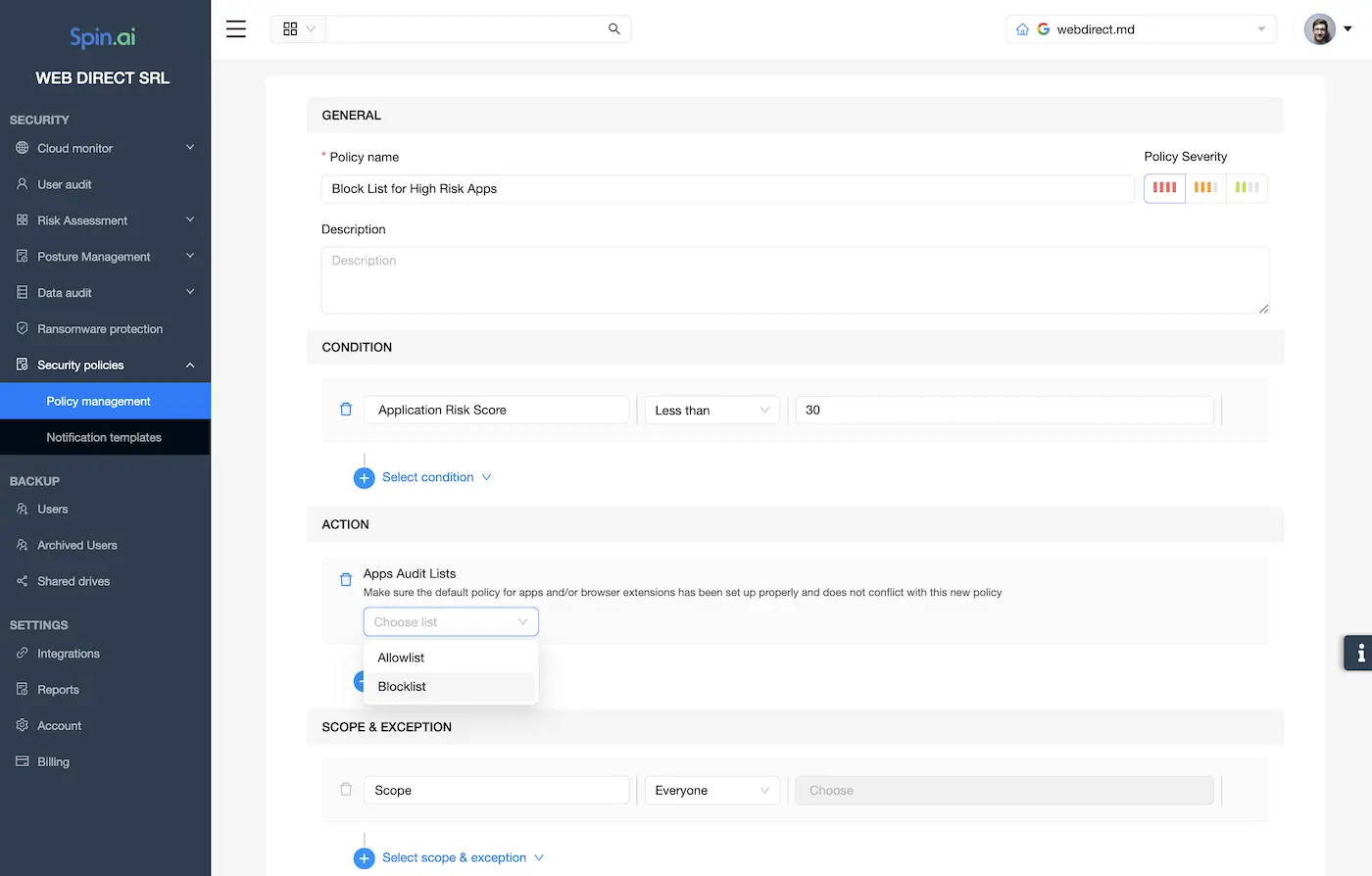 Google Workspace Application Security Assessment control with SpinSPM security policies block list