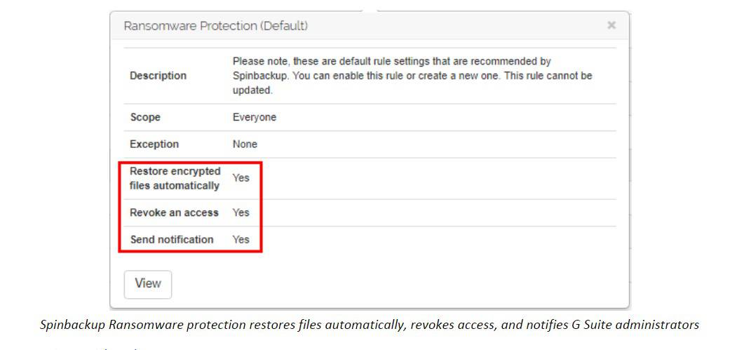 Spinbackup Ransomware protection restores files automatically, revokes access, and notifies Google Workspace administrators
