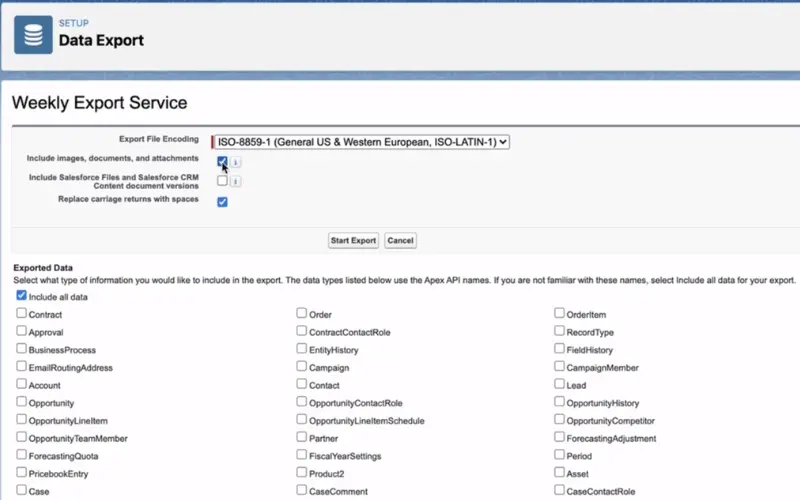 Salesforce Data Export setting up export