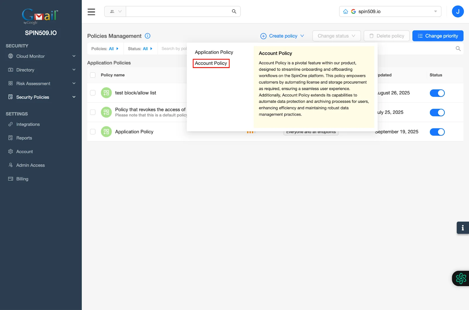 SpinCRX Dashboard - Account Policy | Spin.AI