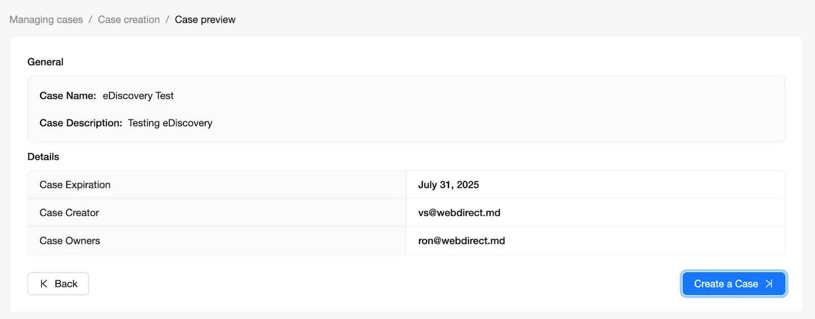 Once finished reviewing, select Create a Case | Spin.AI Create a Case – Preview summary screen before final creation.
