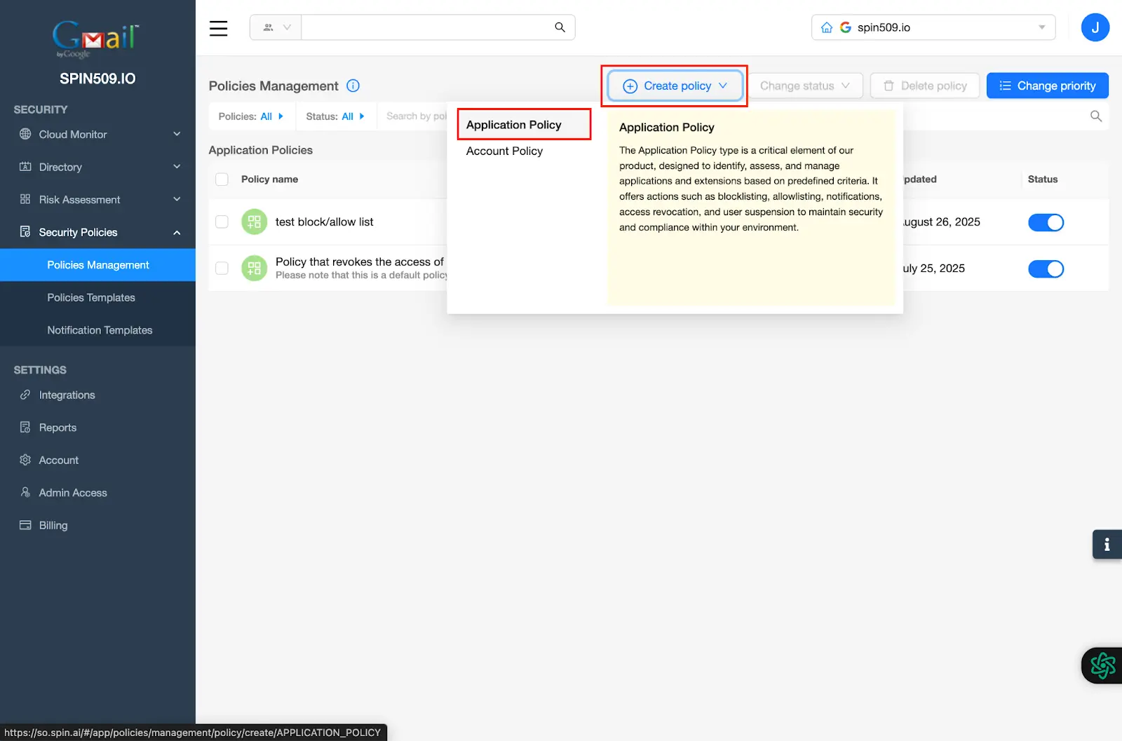 Select Create Policy and select Application Policy | Spin.AI Create Application Policy
