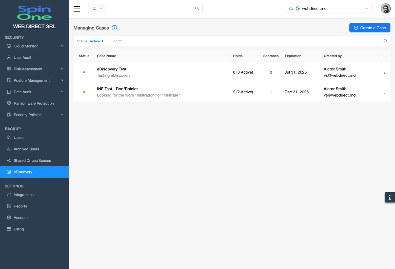 eDiscovery Dashboard | Spin.AI SpinOne dashboard with eDiscovery selected in the left navigation.