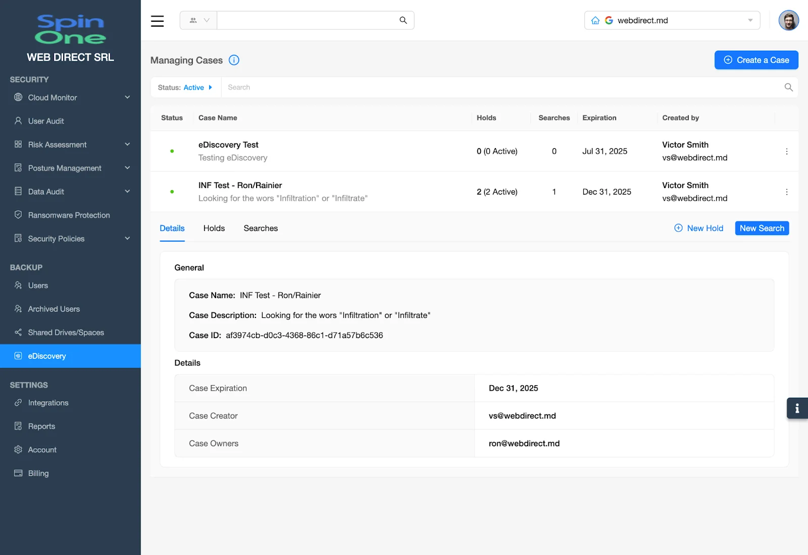 eDiscovery - Managing Cases Details | Spin.AI Cases list in eDiscovery with one case highlighted/selected.