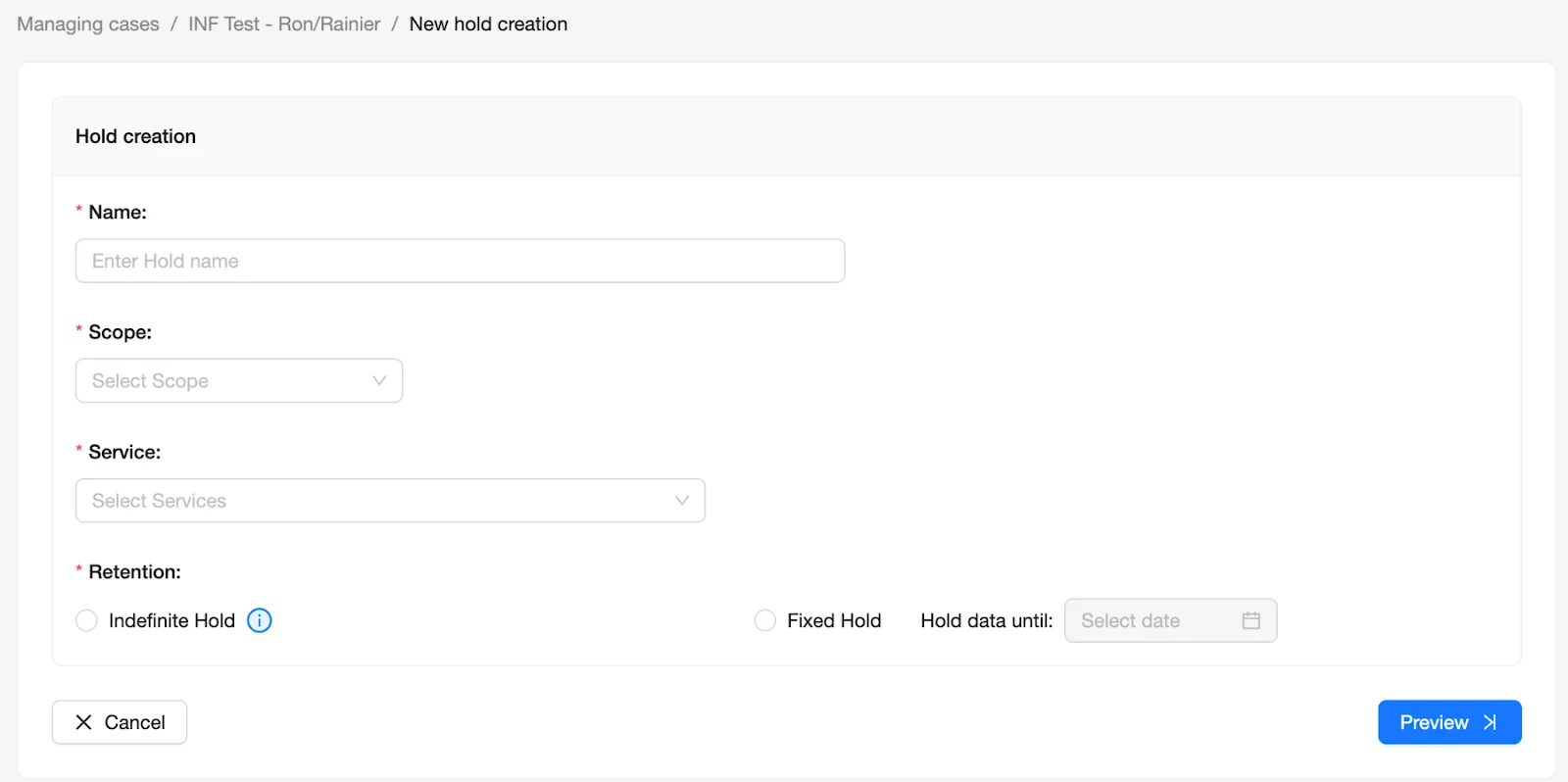 eDiscovery Dashboard - Hold Creation | Spin.AI Hold creation page/wizard start screen.