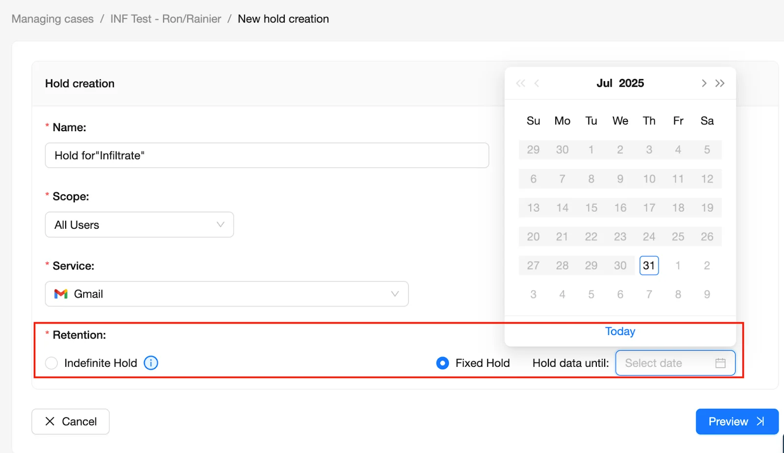 eDiscovery Dashboard - Hold Creation Retention | Spin.AI Hold creation form showing Duration options: Indefinite or Fixed.