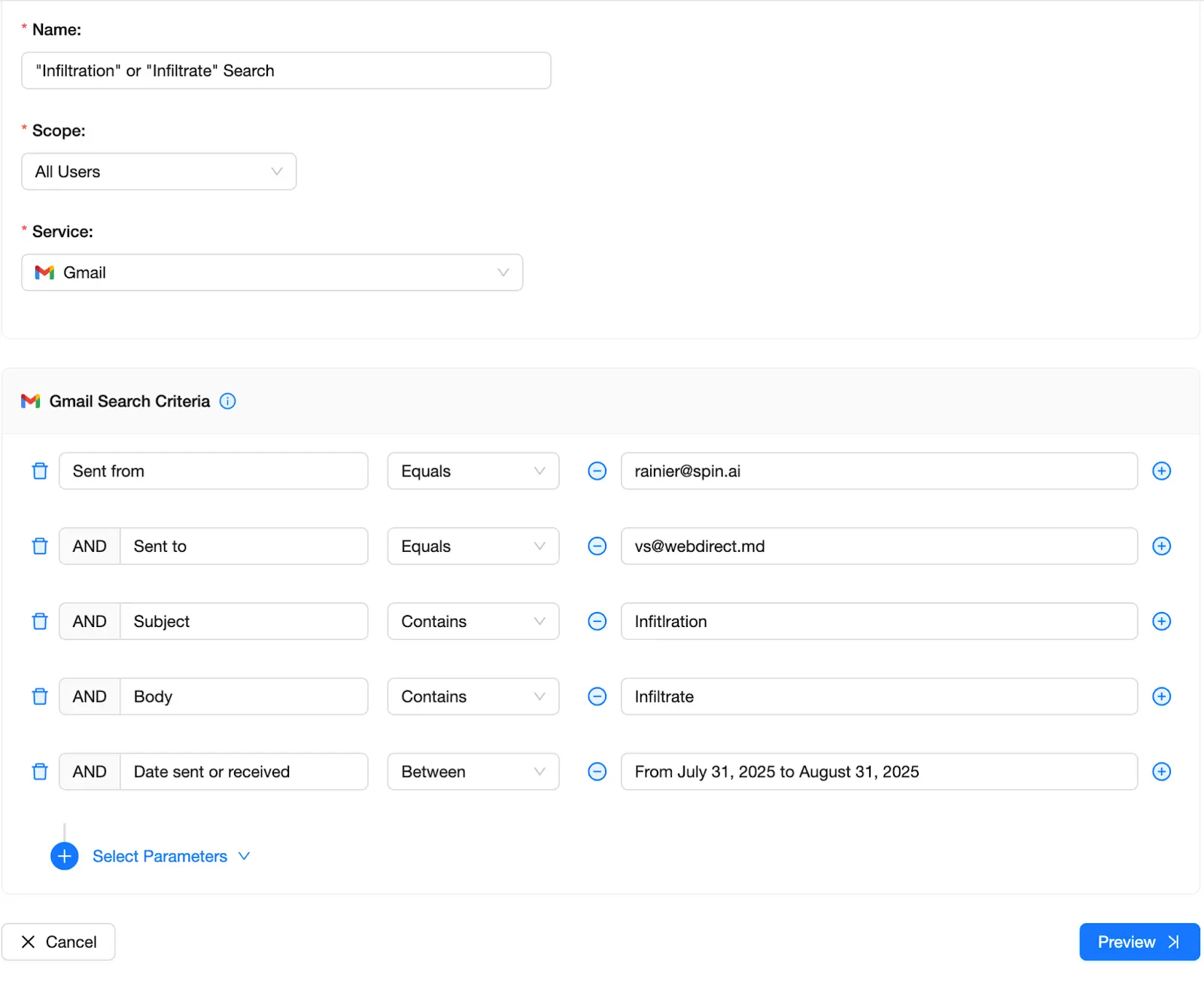 You are now able to set the parameters of the search | Spin.AI Search criteria builder with filters/conditions configurable.