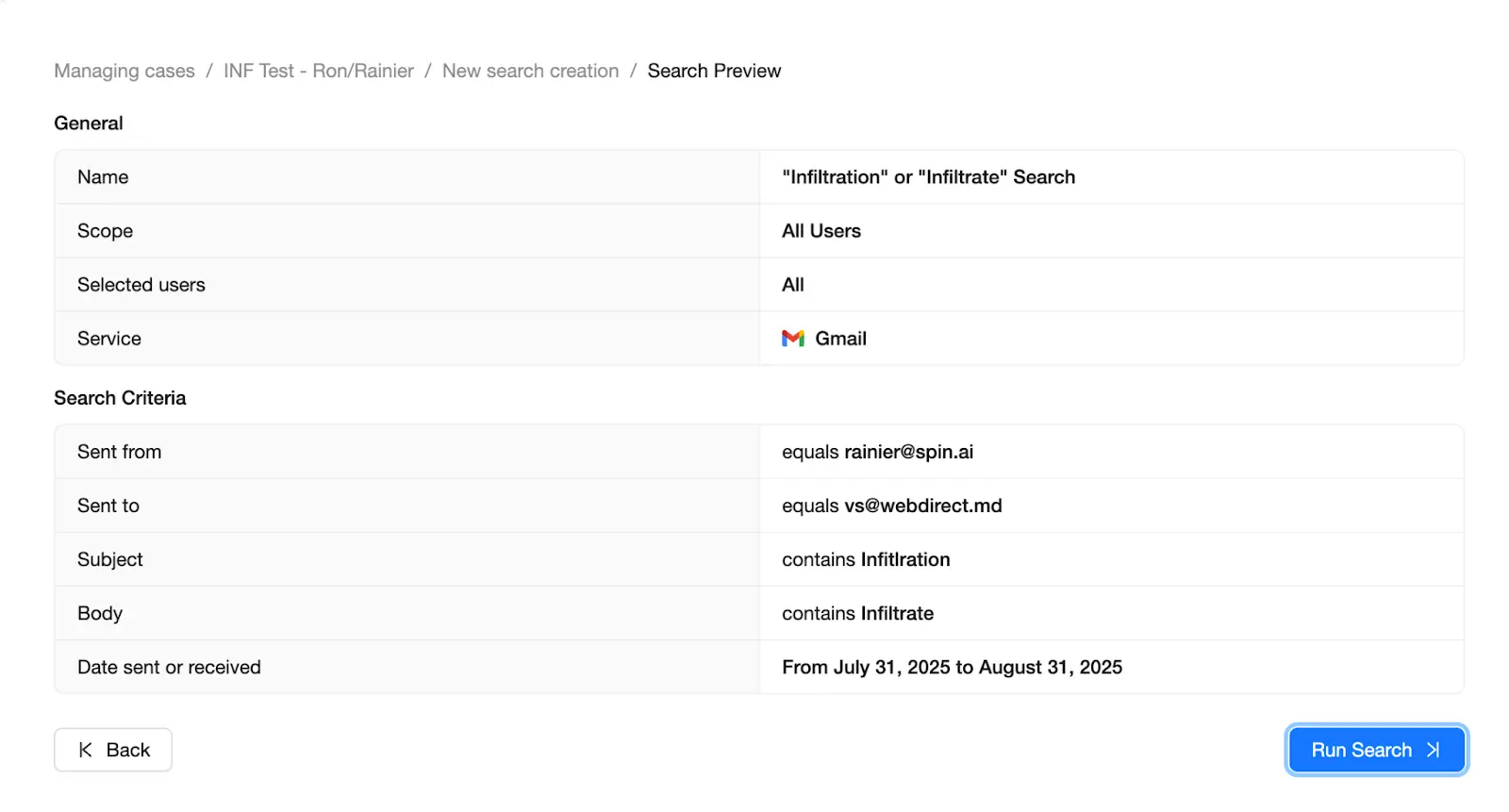 Select Run Search | Spin.AI Search Preview screen with Run Search button.