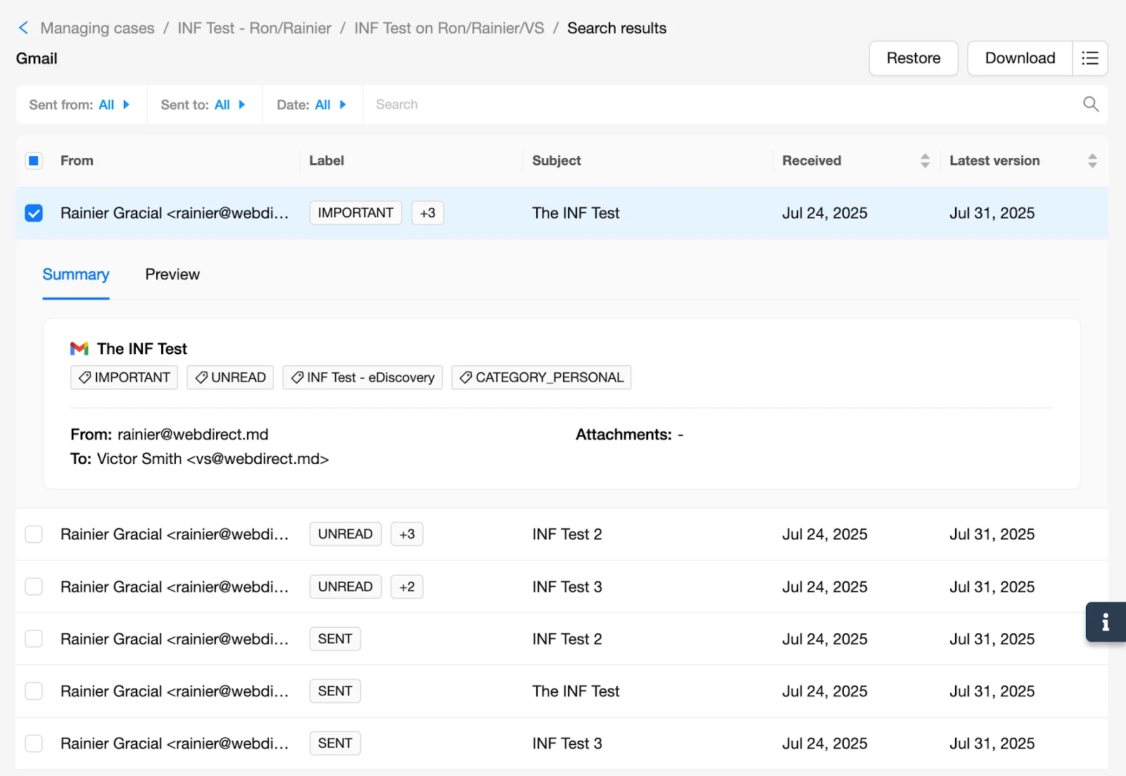 eDiscovery Search Results Select | Spin.AI Search results with multiple checkboxes selected for export.