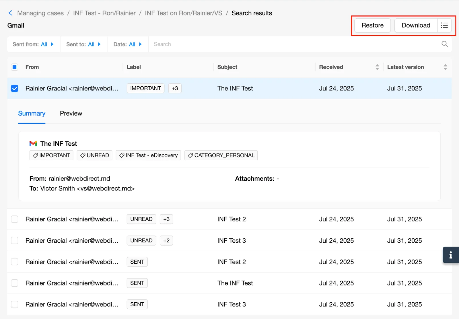 eDiscovery Search Results Restore or Download | Spin.AI Action bar showing Restore and Download options for selected items.