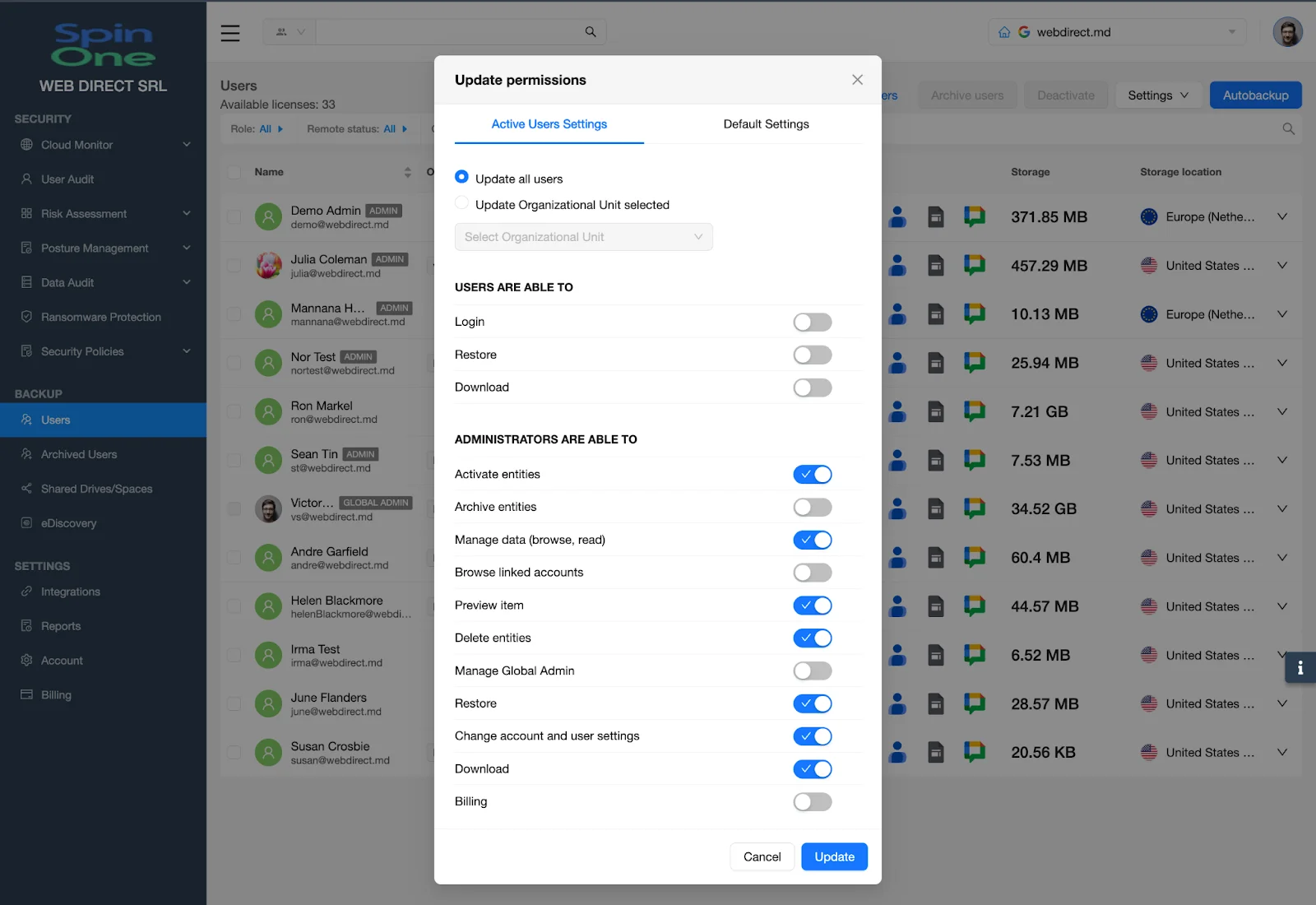 SpinOne Dashboard - Update Permissions Popup | Spin.AI Global Permissions screen for updating users or Organizational Units.