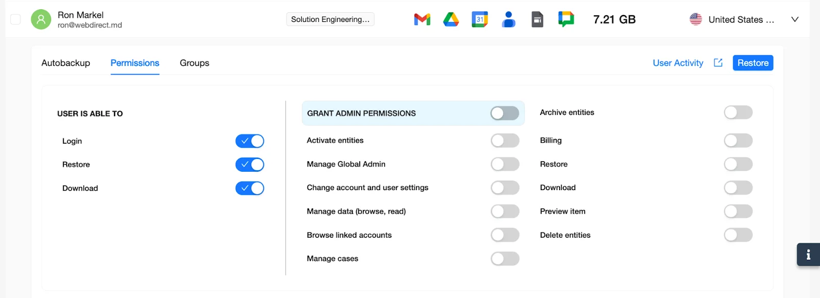 SpinOne Dashboard - Permissions Options | Spin.AI Grant Admin Permissions toggle enabled for the selected user.