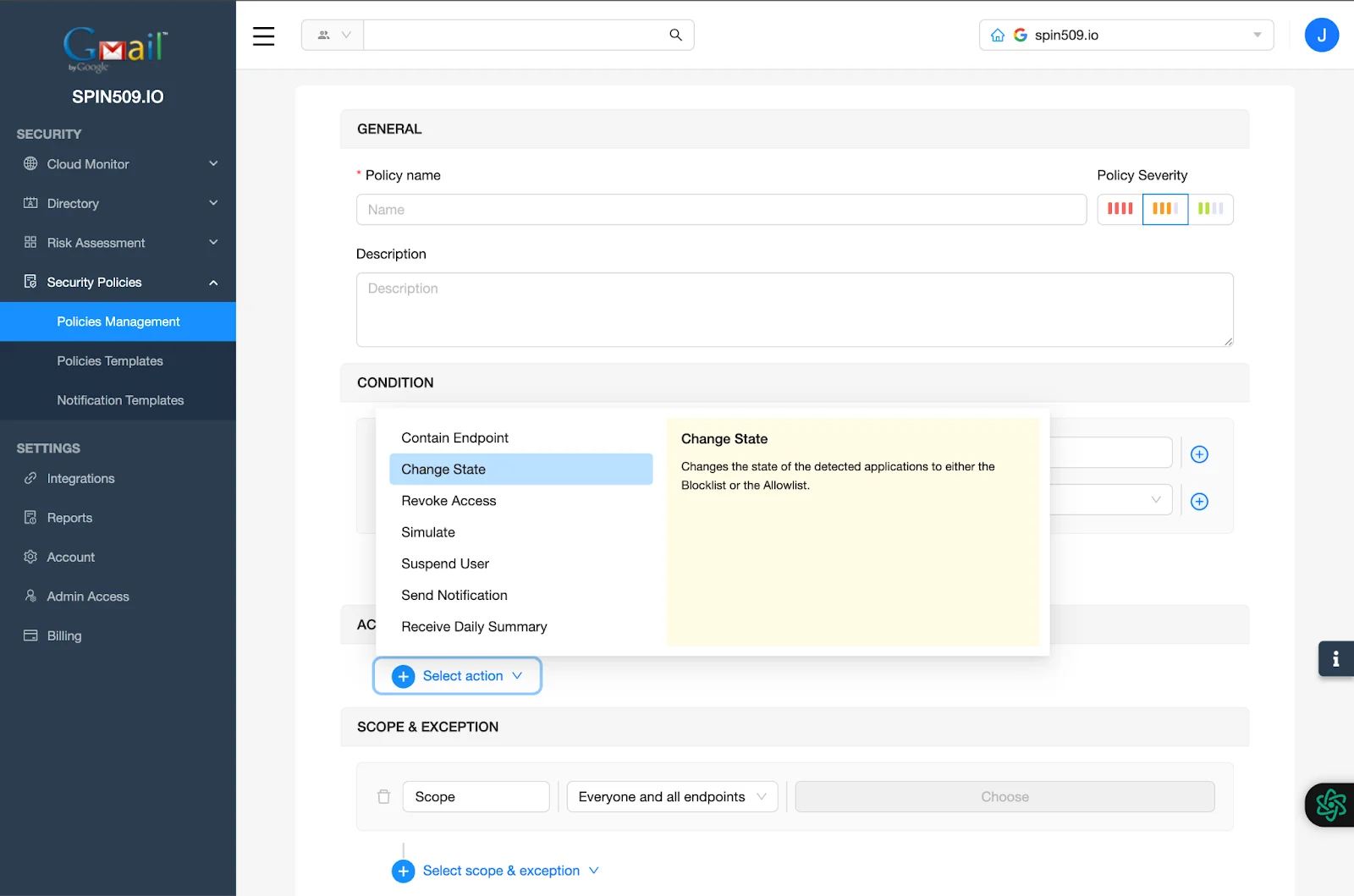 SpinCRX Dashboard - Policies Management - Change State Action | Spin.AI