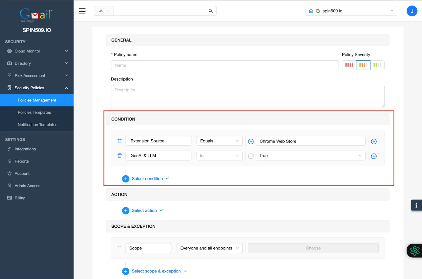 SpinCRX Dashboard - Policies Management - Conditions | Spin.AI
