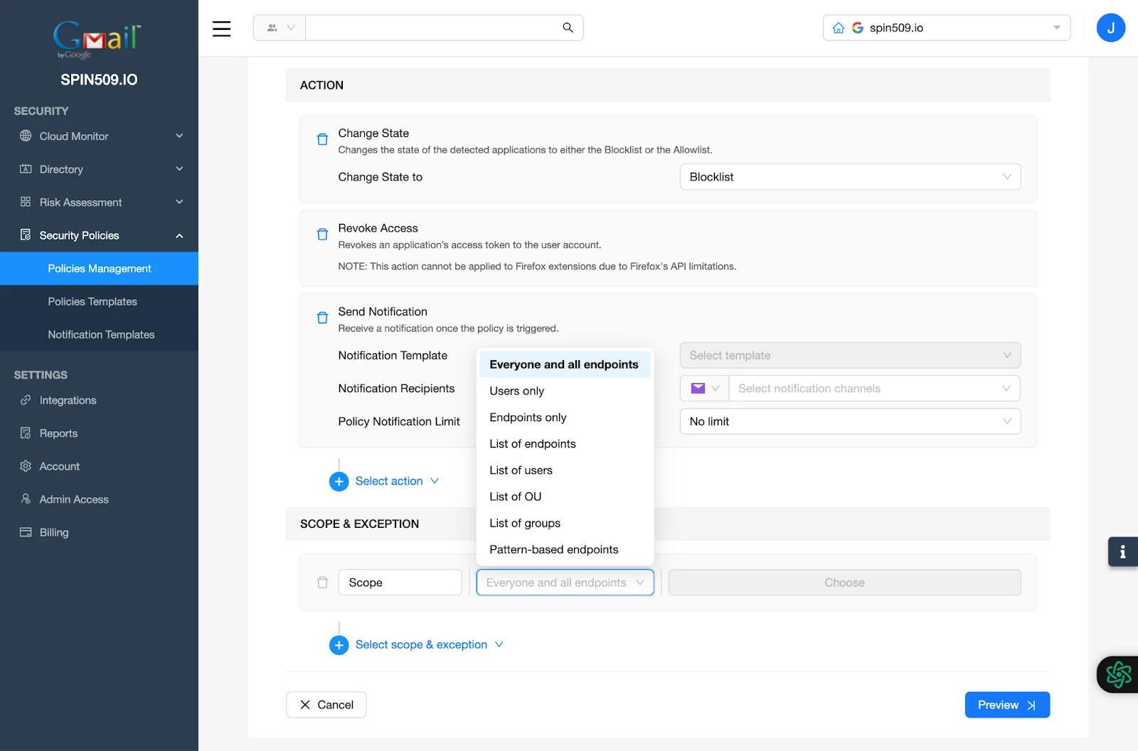 SpinCRX Dashboard - Policies Management - Scope and Exceptions | Spin.AI