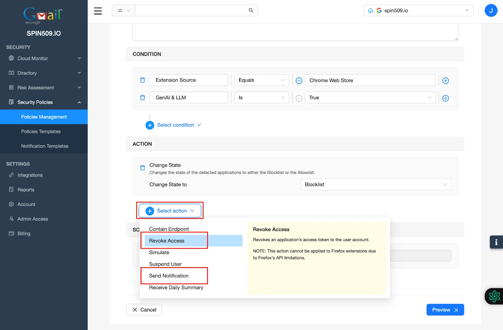 SpinCRX Dashboard - Policies Management - Revoke Access | Spin.AI