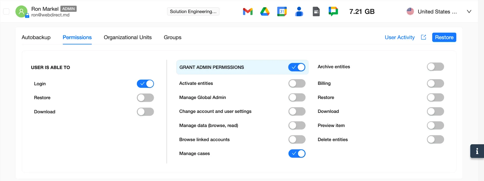 SpinBackup Dashboard - Grant Admin Permissions | Spin.AI Permissions panel with Login, Grant Admin, and Manage Cases toggled on.